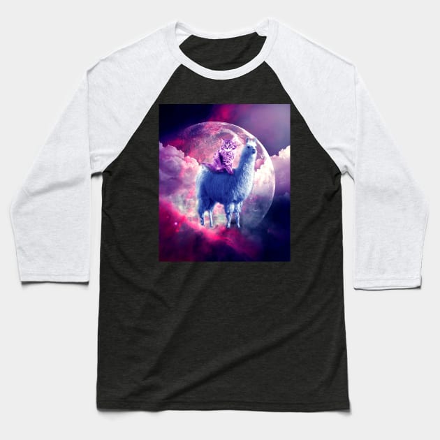 Outer Space Galaxy Kitty Cat Riding On Llama Baseball T-Shirt by Random Galaxy